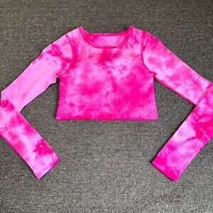 Lululemon Crop Top Womens S Vibrant Pink Marble Tie Dye Long Sleeve Workout Yoga